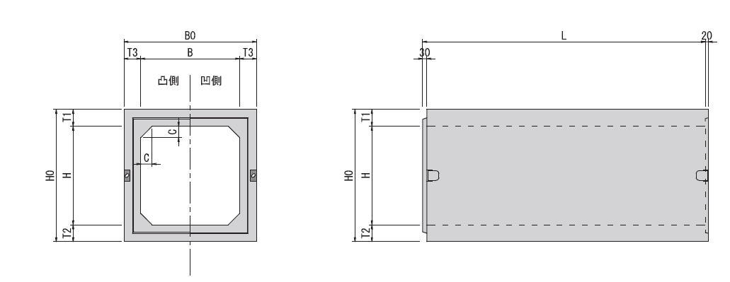 ボックスカルバート 寸法図（通常敷設型（内幅 300〜500mm））