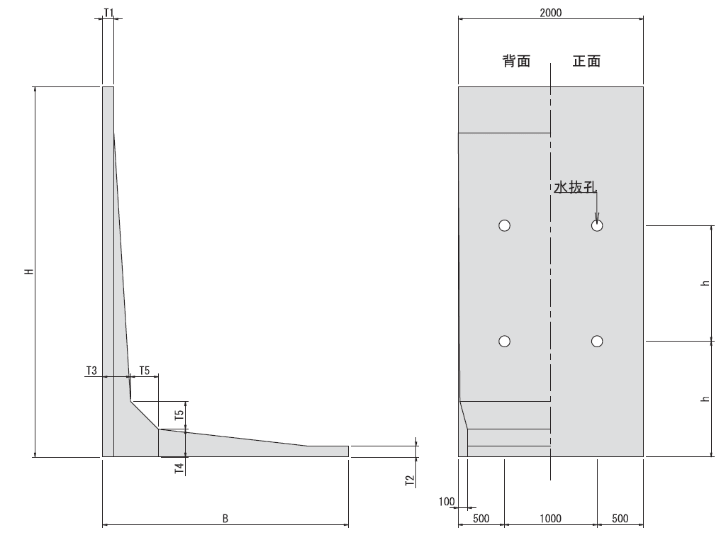 TL-WALL(道路用) 寸法図（富山県統一型 H3,250〜5,000mm）